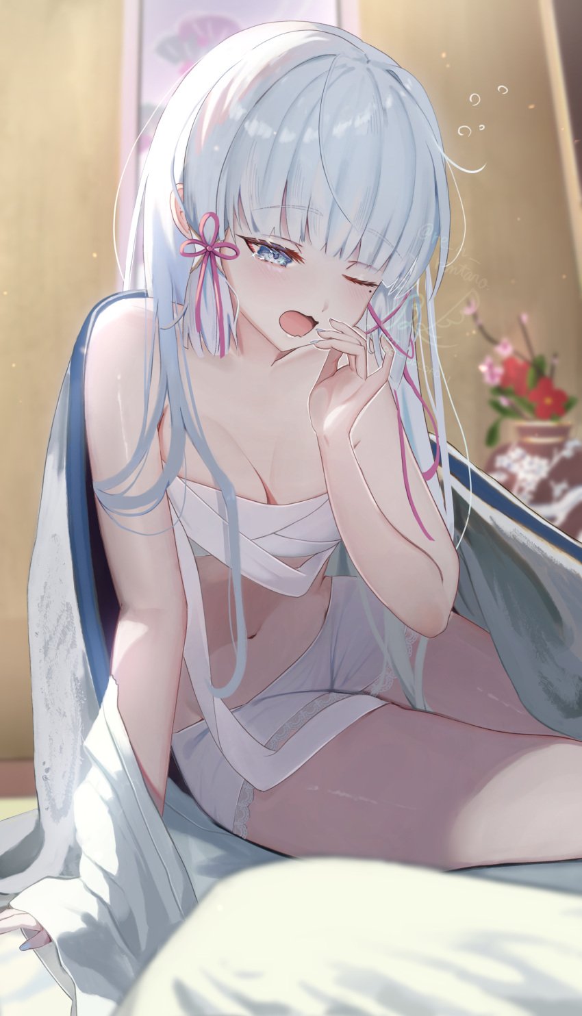 arm_support beauty_mark breast_wrap genshin_impact kamisato_ayaka mattress medium_breasts one_eye_closed open_mouth quilt sazanami_(re_n_rentaro) shorts sitting_on_bed thighs vase waking_up wavy_mouth wrappings yawning