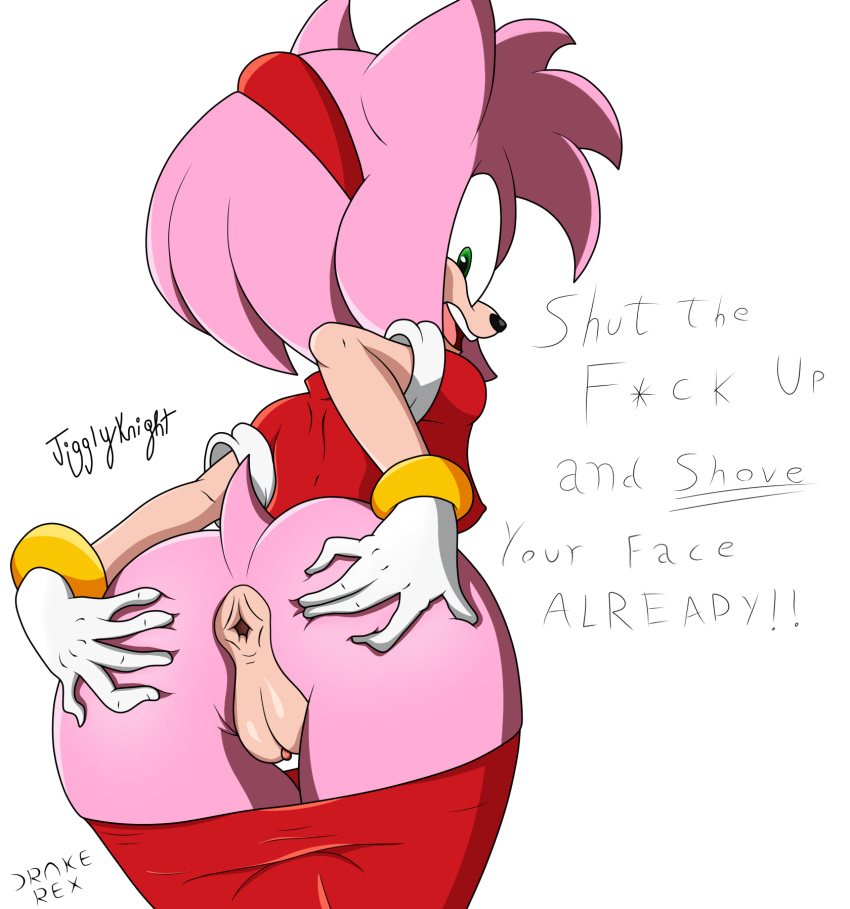 amy_rose anthro anus ass clothing dialogue drakerex english_text female flower fur furry furry_only hi_res jigglyknight plant presenting presenting_anus presenting_hindquarters presenting_pussy profanity pussy solo sonic_(series) tail text undressing