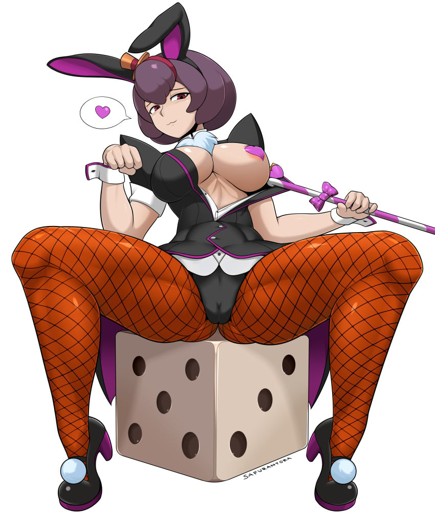 :3 absurdres animal_ears big_breasts bonny_de_famme breasts bunny_ears bunnysuit cameltoe cleavage female female_only gyakuten_saiban high_heels highres large_breasts looking_at_viewer pantyhose pulling_clothing purple_hair pussy safurantora solo spread_legs transparent_background