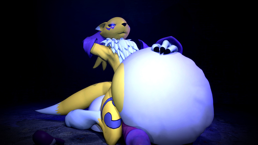 3d 99ultra ambiguous_gender anthro balls belly canine digimon garry's_mod garrysmod hand_on_stomach hat hyper hyper_belly looking_down male male/ambiguous mammal model multiple_prey oral_vore overweight penis post post_vore pudge relaxing renamon simple_background soft soft_vore solo stomach_bulge vore