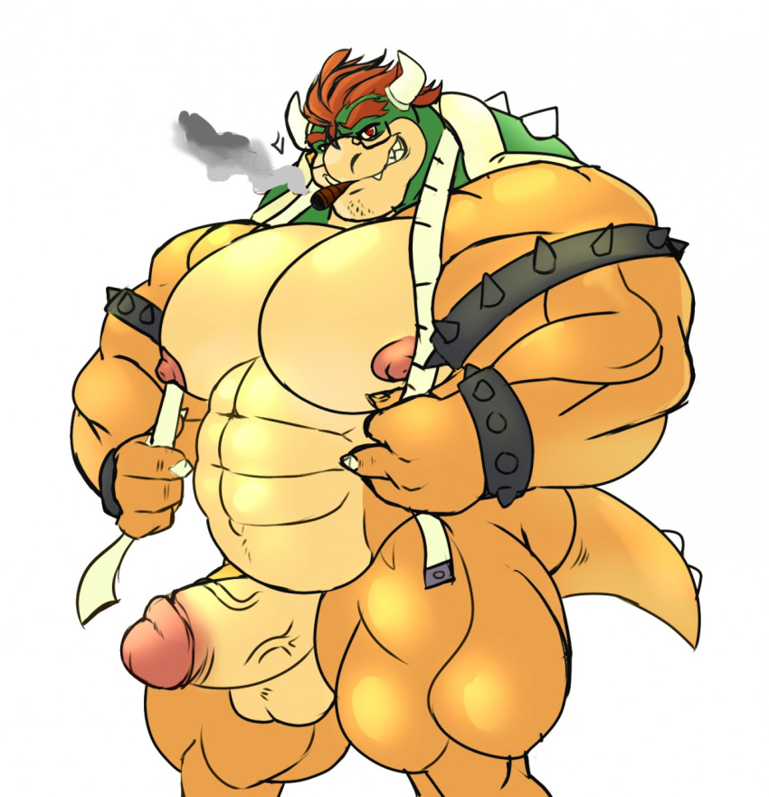 1boy 2017 abs armband armor balls biceps big_muscles big_penis bowser cigar demondragoncyan erection eyewear gauntlets glasses gloves horn koopa looking_at_viewer male male_only mario_(series) mature_male musclegut muscular muscular_male nintendo nipples pecs penis red_eyes scalie shell shells simple_background smile smoking solo spikes standing testicles vein veiny_penis white_background