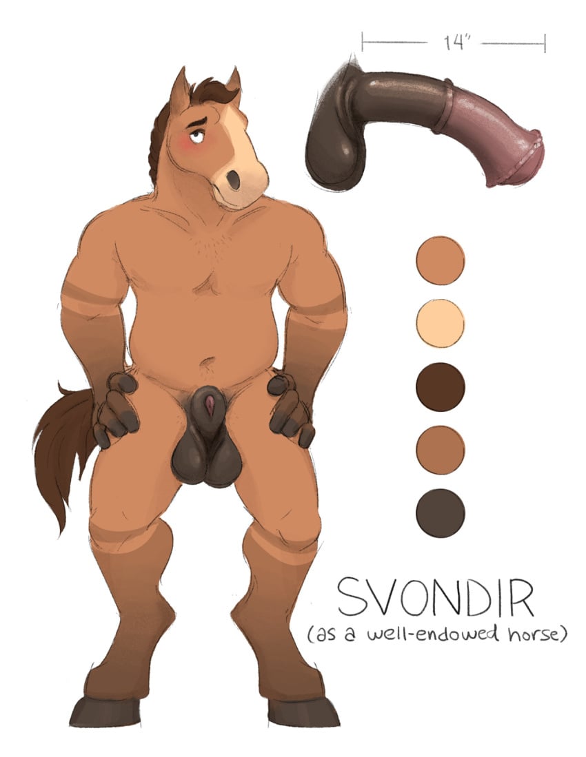 animal_genitalia balls blush color_swatch disembodied_penis english_text equine erection flared_penis full-length_portrait fully_sheathed hands_on_hips hooves horse lock-wolf male mammal medial_ring model_sheet nsfwolff penis portrait sheath solo svondir text