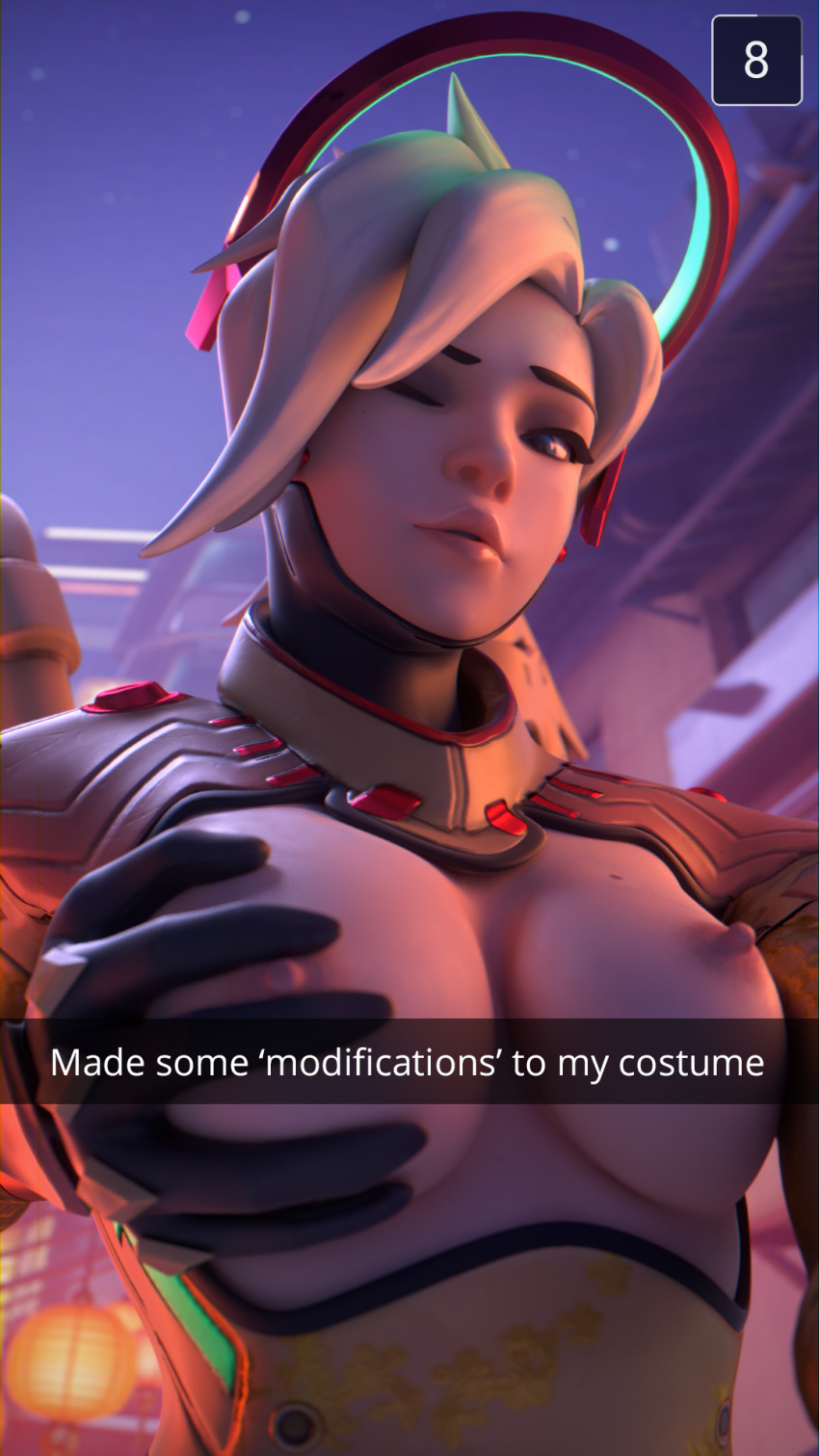 3d alternate_costume areolae blender blizzard_entertainment blonde_hair breast_grab breasts chinese_text erect_nipples female female_only fortune_mercy light-skinned_female light_skin lijiang_tower_(map) looking_at_viewer lunar_new_year lunar_new_year_series mercy nipples no_bra nsfw overwatch pale-skinned_female pale_skin pink_nipples solo text wink year_of_the_rooster yeero