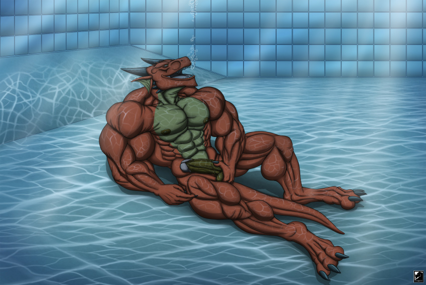 2017 abs balls biceps bubble dragon fin hand_on_balls horn hyper hyper_muscles kevindragon male male_only muscular muscular_male nude open_mouth pecs penis pool scalie solo teeth underwater water