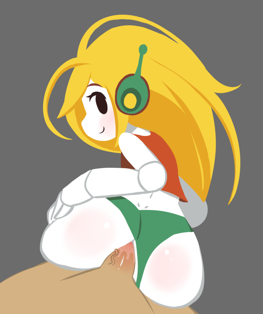 anal blonde_hair butt_crack cave_story curly_brace earpiece female from_behind grey_skin gynoid hand_on_ass highres humanoid long_hair looking_at_viewer looking_back machine male mob_face notepaddy panties panties_aside penis robot robot_joints sex tank_top underwear