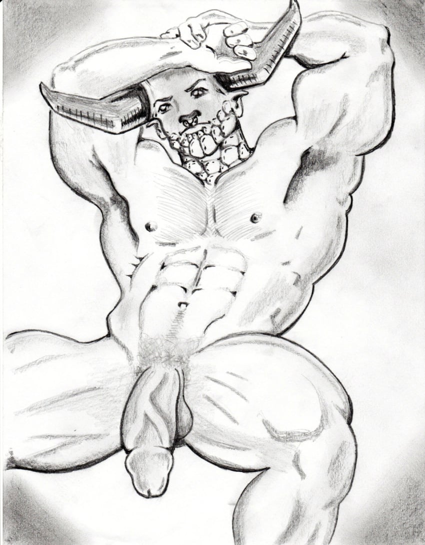 armpits big_arms bovine cattle facial_piercing fmonkey horn male male_only mammal muscular nose_piercing nose_ring penis piercing sketch taurus thick_penis