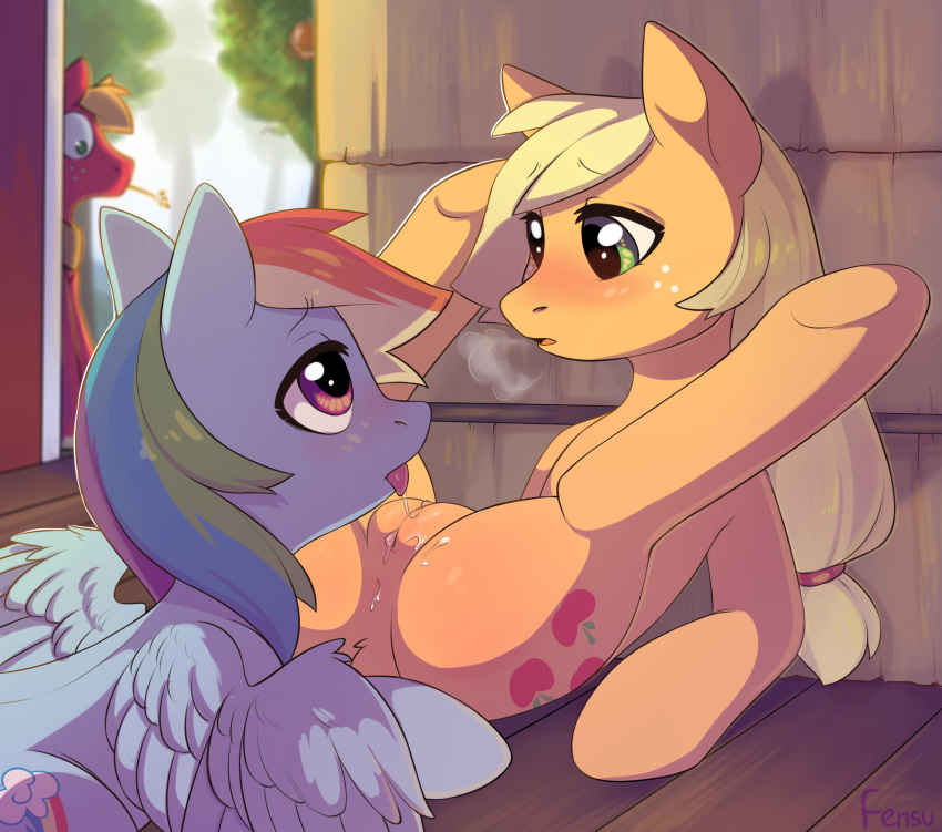 2017 anus applejack_(mlp) barn big_macintosh_(mlp) blonde_hair blue_fur blush cunnilingus cutie_mark dat_pussy duo equine female fensu-san feral freckles friendship_is_magic fur green_eyes hair hay hay_bale horse licking licking_pussy male mammal multicolored_hair multicolored_tail my_little_pony open_mouth oral oral_sex orange_fur pegasus pink_eyes pussy pussy_juice rainbow_dash_(mlp) rainbow_hair rainbow_tail red_fur saliva sex spreading tongue tongue_out tree vaginal_penetration wings yuri