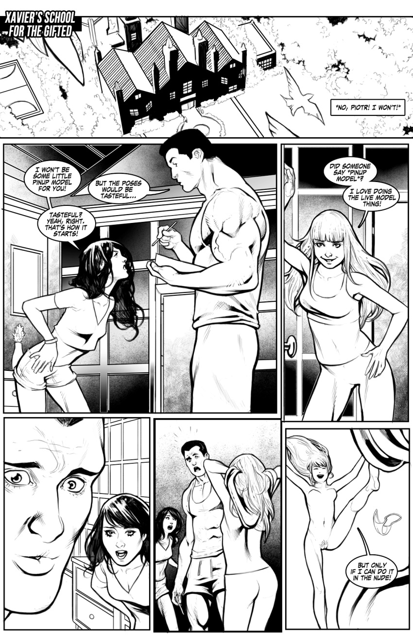 1boy 2girls ass barefoot breasts cleavage colossus comic english_text feet female highres hotpants kitty_pryde long_hair magik_(illyana_rasputin) male marvel midriff monochrome multiple_girls navel new_mutants nipples panties pants piotr_rasputin pussy shade_jones shadowcat shirt short_hair soles speech_balloon speech_bubble text toes topless underwear x-men