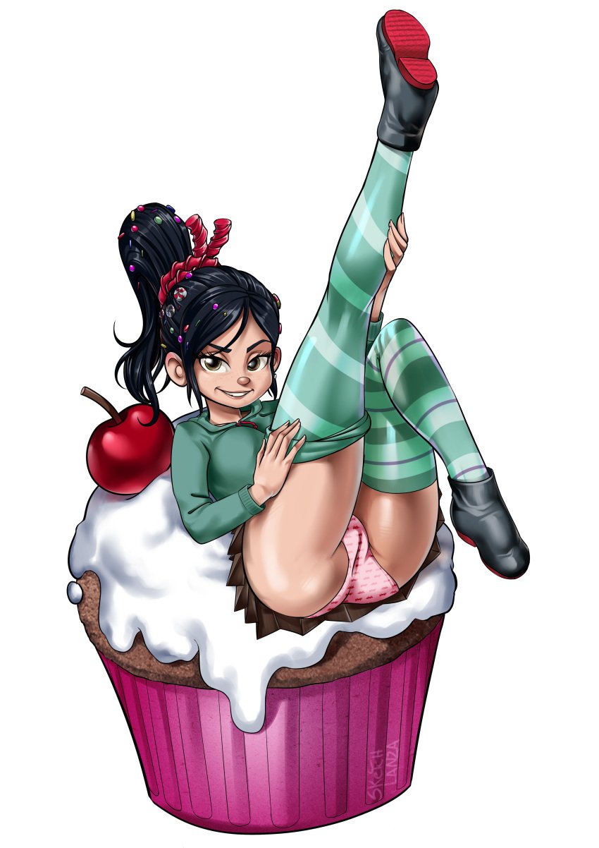 1girls ass big_ass big_breasts breasts cherry cupcake disney female female_only food sketchlanza smile solo transparent_background vanellope_von_schweetz wreck-it_ralph