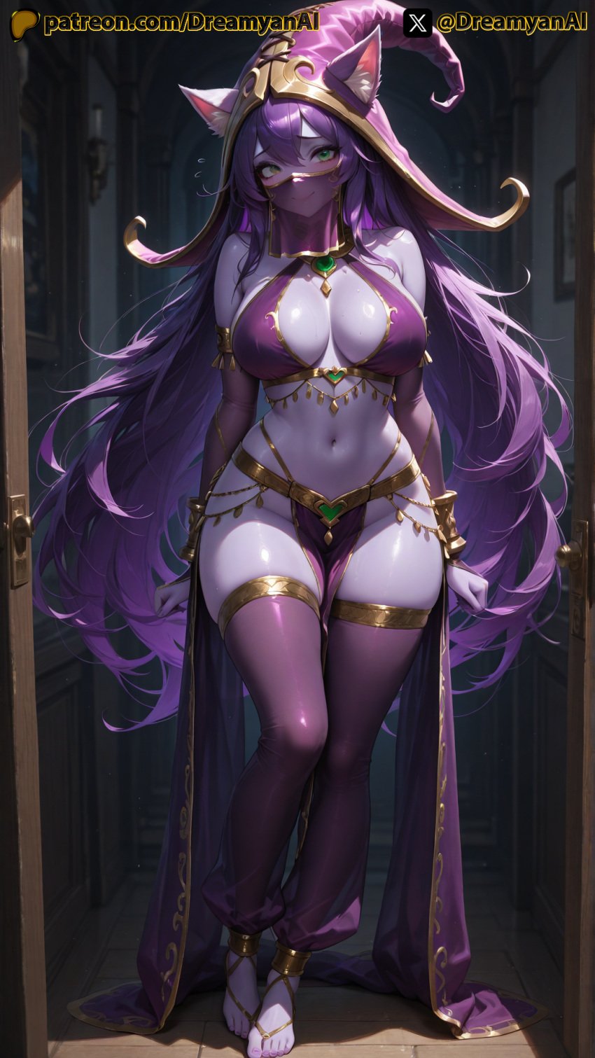 2025 ai ai_assisted ai_generated animal_ears anime anime_style artist_name belly_dancer breasts dancer dancer_outfit dreamyan_ai fox_ears green_eyes harem_outfit hi_res high_quality high_resolution highres league_of_legends lulu_the_fae_sorceress patreon purple_body purple_hair purple_skin seductive seductive_eyes seductive_look seductive_pose seductive_smile thick_ass thick_thighs thighs uncensored yordle
