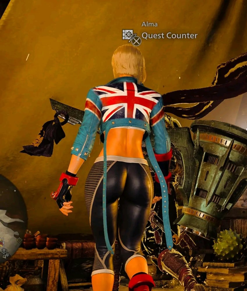 alma_(monster_hunter_wilds) alternate_costume ass_shot athletic athletic_female black_yoga_pants blonde_hair_female cammy_white cammy_white_(cosplay) cammy_white_(street_fighter_6) capcom crossover dat_ass dessert fanservice game_screenshot hammer huge huge_ass leather_gloves minimap monster_hunter_(series) monster_hunter_wilds scarf screencap standing toned_female wide_hips yoga_pants