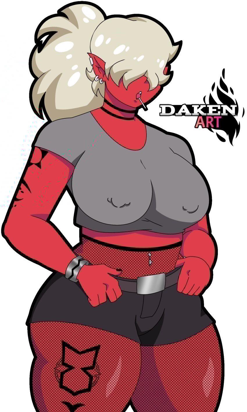 2025 2d big_breasts big_thighs black_shorts breasts candy daken_art(artist) daken_henderson(artist) desdemona_(fortnite) epic_games fanart fishnet_legwear fishnet_pantyhose fortnite fortnite:_battle_royale grey_shirt nipples_visible_through_clothing pallette piercing piercing_nipples red_body red_skin shiny_skin short_shirt short_sleeves shorts tattoo thick_thighs thighs tied_hair white_hair
