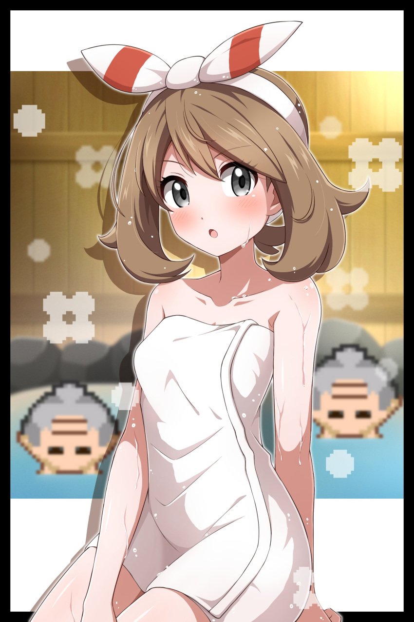 alternate_eye_color bare_legs bare_shoulders bare_thighs bathing black_eyes blush body_blush breasts brown_hair collarbone hair_ribbon hairband hot_spring may_(pokemon) medium_hair naked_towel onsen parted_lips pokemon shabana_may shiny_skin small_breasts thighs towel towel_only wet_body wet_hair