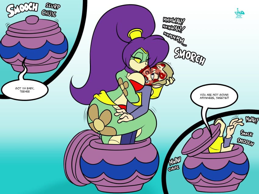 1boy 1girls 2d 2d_(artwork) anthro anthro_female anthro_on_human big_hips blonde_hair blue_pupils breast_squeeze breasts coil coiling dialogue digital_drawing_(artwork) digital_media_(artwork) female fusion fusion_character genie genie_girl green_body green_skin hips human human_male jamearts kiss_mark kissing light-skinned_male light_skin looking_at_partner medium_breasts mwah ponytail pot purple_hair red_lips red_lipstick red_lipstick_mark shantae shantae:_half-genie_hero shantae_(character) smooch snake snake_girl snake_tail tuki_(shantae) wayforward yellow_eyes
