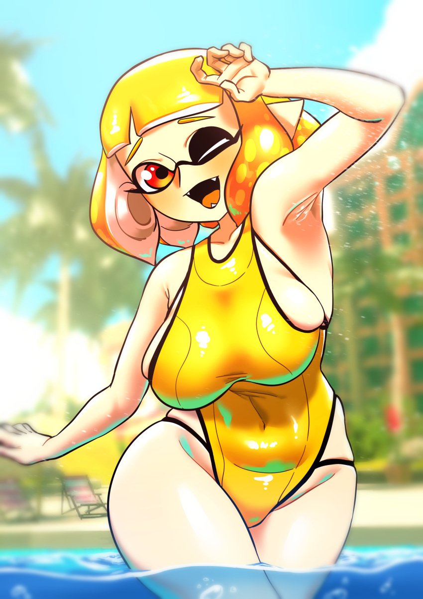 1girls agent_4_(splatoon) beach beach_chair blonde_hair covered_navel female hotaruman97 inkling inkling_girl nintendo one_eye_closed open_mouth pointy_ears red_eyes short_hair solo solo_female solo_focus splatoon splatoon_2 splatoon_2:_octo_canyon swimsuit thick_thighs thighs tongue water wink yellow_hair yellow_swimsuit