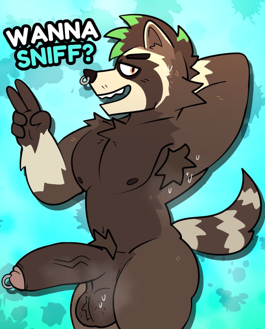 2025 anthro areola armpit_hair balls big_balls big_penis blue_background bodily_fluids body_hair dialogue english_text epic_games erection eyebrows facial_piercing foreskin fortnite fur genital_piercing genitals gesture glans hair hand_behind_head hand_gesture hi_res humanoid_genitalia humanoid_penis inviting janjauwu looking_at_viewer male mammal mohawk muscular muscular_anthro muscular_male musk narrowed_eyes navel nipples nose_piercing nose_ring nude open_mouth open_smile pecs penis penis_piercing piercing prince_albert_piercing procyonid pubes raccoon ring_piercing rufus_(fortnite) shadow simple_background smile solo standing sweat talking_to_viewer teeth text thick_penis toony tuft unretracted_foreskin v_sign vein