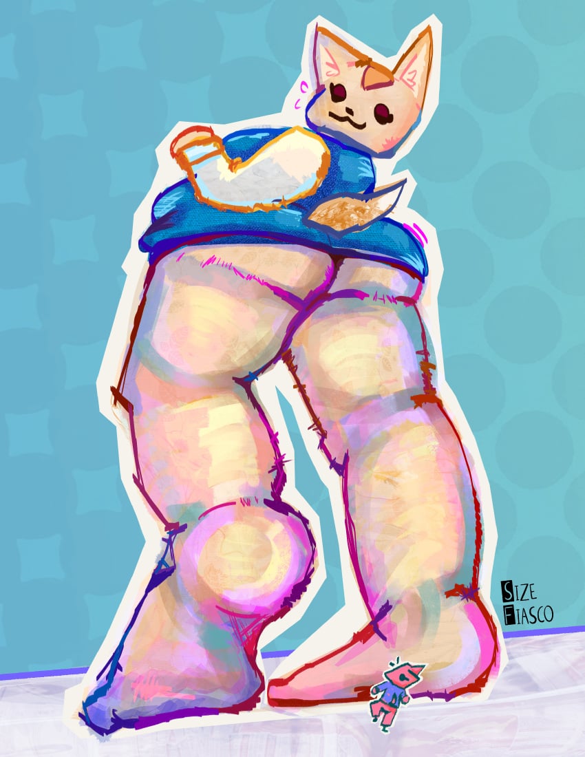 absurd_res aggretsuko anthro ass bottomless breasts canid canine clothed clothing digital_media_(artwork) duo extreme_size_difference feet female female/female fennec_fox fenneko fox fur hi_res low-angle_view macro mammal micro sanrio simple_background size_difference sizefiasco smile tail true_fox