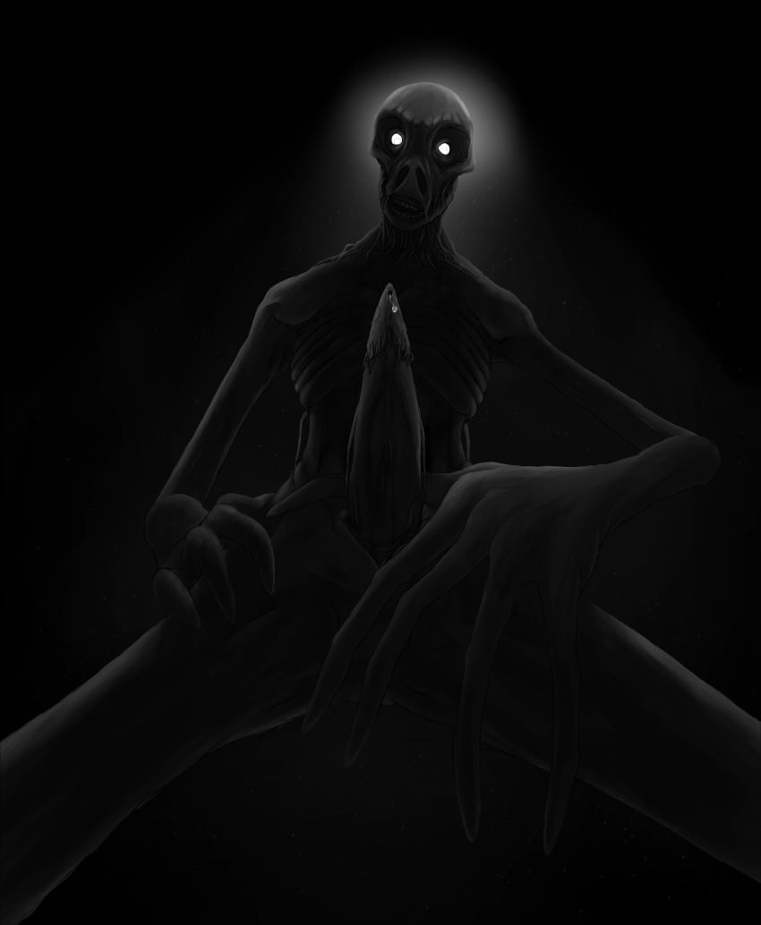 5_fingers absurd_res animal_genitalia animal_penis backlighting big_eyes big_hands black_body bodily_fluids casey_(milkblood) creepy cryptid dark darkness dominant dominant_humanoid dominant_male dripping emaciated emaciated_male empty_eyes erection fingers front_view garn_(artist) genital_fluids genital_slit genitals glowing glowing_eyes hi_res horror_(theme) humanoid leaking_precum light lighting long_fingers long_limbs looking_at_viewer low-angle_view male male_humanoid milkblood monochrome monster monstrous_humanoid nightmare_fuel not_furry nude nude_humanoid nude_male penis portrait precum precum_drip precum_on_penis precum_string presenting presenting_body presenting_bulge presenting_crotch presenting_genitalia presenting_penis presenting_slit presenting_to_viewer ribs scary skinny skinny_humanoid skinny_male slim slim_humanoid slim_male solo teeth teratophilia thick_penis three-quarter_portrait white_eyes