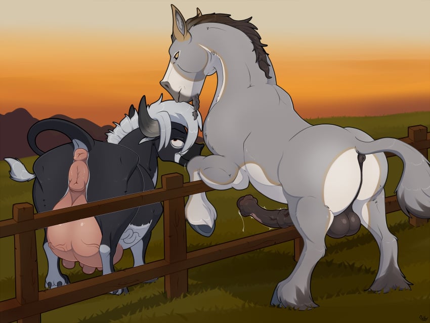 animal_genitalia animal_penis animal_pussy anus ass balls big_balls big_butt big_penis big_udders black_body black_fur bodily_fluids bovid bovine bovine_genitalia bovine_pussy cattle draft_horse dripping duo equid equine equine_anus equine_genitalia equine_penis erection female fence feral feral_on_feral fetlocks field fur genital_fluids genitals grey_body grey_fur grey_hair hair hi_res hooves horn horse huge_udders hybrid interspecies male male/female mammal margot_(mcfan) mcfan milk_vein mule penis plump_labia precum precum_drip presenting presenting_hindquarters puffy_anus pussy raised_tail smile sunset tail tail_anus teats throbbing throbbing_penis udders vein veiny_penis veiny_udders wood wood_fence