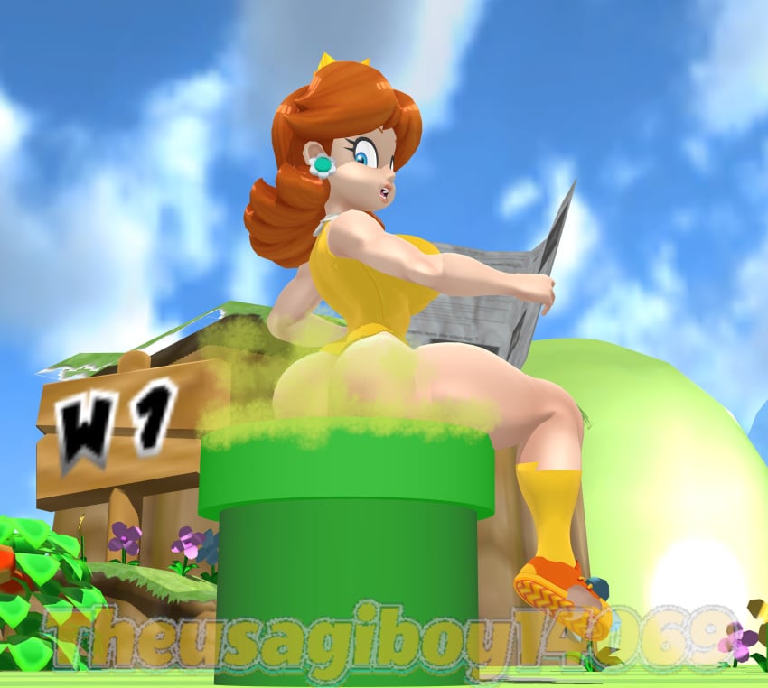 (theusagiboy1406) 3d 3d_(artwork) ass bare_arms bare_ass bare_legs big_ass blue_eyes bottomless brown_hair clothed crown earrings fart fart_cloud fart_fetish farting farts half_naked half_nude hips implied_scat mario_(series) mikumikudance mmd newspaper nintendo outdoor outdoors pipe princess_daisy short_hair sleeveless sleeveless_shirt super_mario_bros. warp_pipe