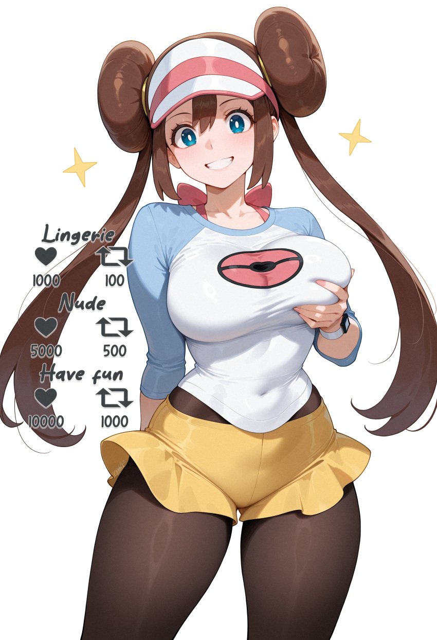 big_breasts breast_grab busty female huge_breasts large_breasts light-skinned_female pokemon pokemon_bw2 rosa_(pokemon) shirt smile thick_thighs wide_hips
