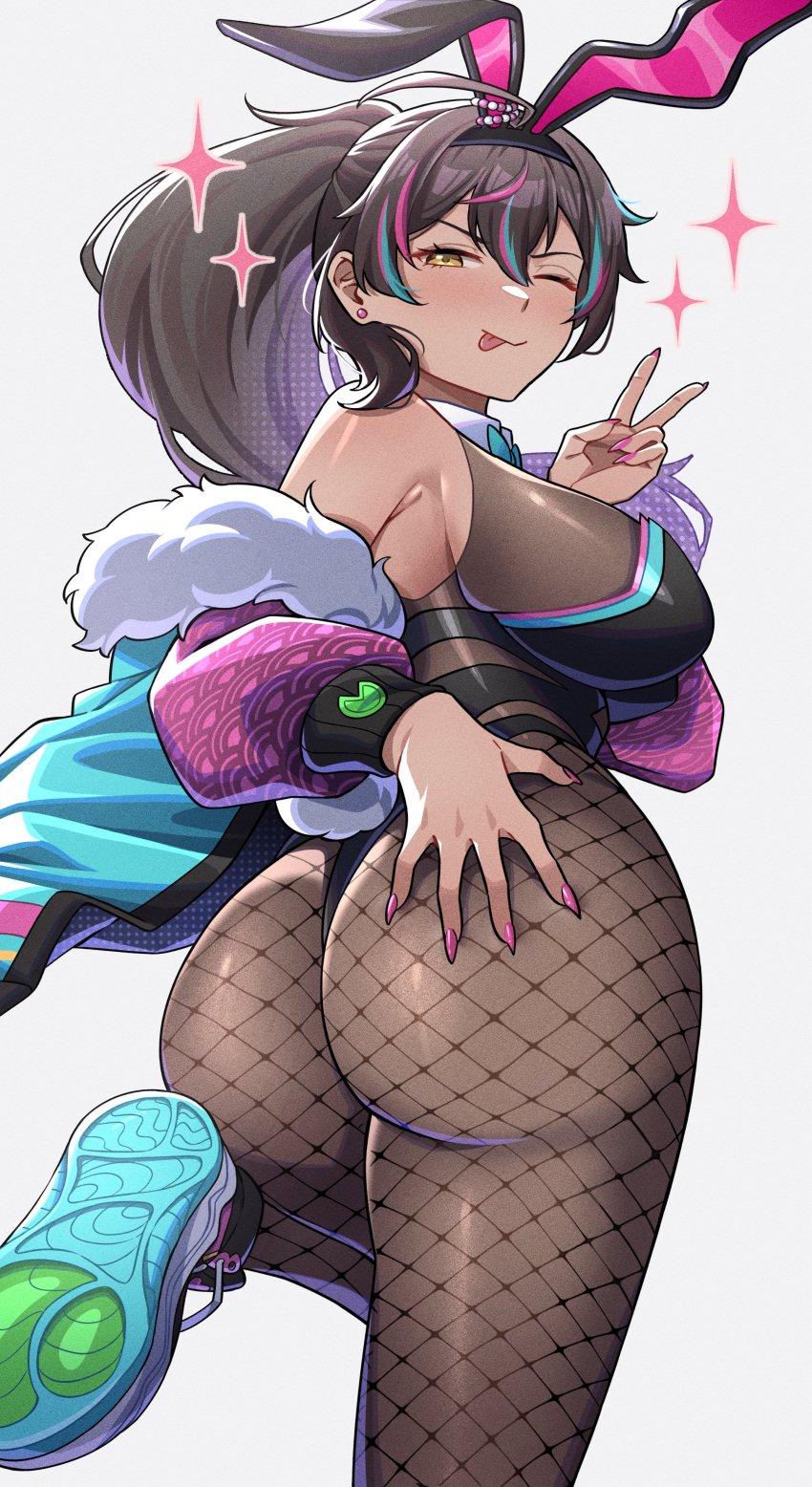 ass_focus bunny_ears bunny_tail bunnysuit fat_ass female female fishnet_legwear fishnets frog indie_virtual_youtuber jacket neon_harper nonbinary prostitution shoes smug solo tan_body teasing teasing_viewer tonuge_out twitch virtual_youtuber