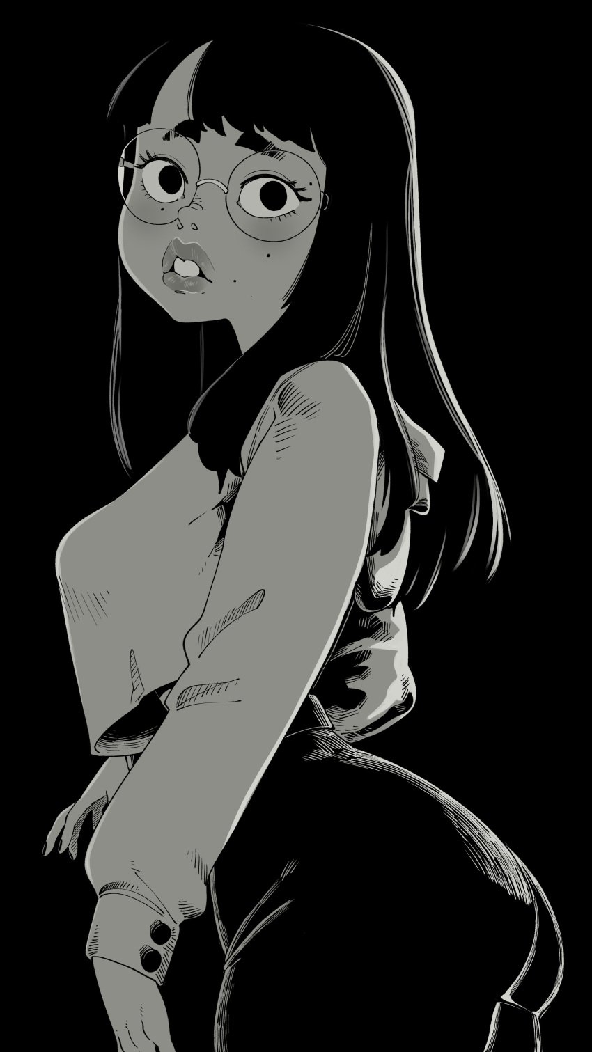 1girls asian asian_female ass bangs black_background black_eyes black_hair blunt_bangs breasts brown_eyes buckteeth clothing eyewear female female_only freckles freckles_on_face glasses lips long_hair long_sleeves looking_at_viewer nuclearwasabi original overbite rimless_eyewear shirt solo solo_female straight_hair tang_tang tight_clothing tight_pants white_shirt