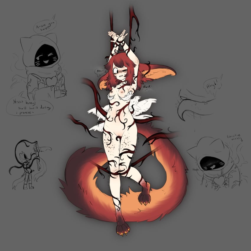 absurd_res angel animal_humanoid anthro arms_tied blacksheepiess blush blush_lines bodily_fluids body_blush bound breasts clitoris close-up dialogue duo english_text feathered_wings feathers felid feline female genitals hands_tied hare hi_res humanoid hybrid lagomorph legs_tied leporid male male/female mammal mammal_humanoid myocard_(moyeefunny) navel nude nude_female paws pussy pussy_blush raised_arm shadecat shadow_face shaking sheepie_(blacksheepiess) shivering small_breasts tentacle tentacle_grab text wings
