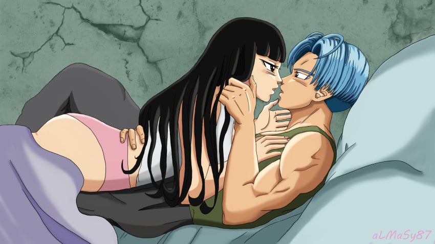 almasy87 dragon_ball dragon_ball_super future_mai future_trunks imminent_kiss in_bed mai_(dragon_ball) muscles muscular_male panties pink_panties romantic straight trunks_briefs