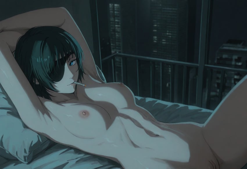 ai_generated apartment areola areolae armpits arms_above_head arms_up bed bedroom belly belly_button black_hair black_hair_female blue_eyes breasts chainsaw_man cigarette cigarette_in_mouth dark_hair eyepatch female female_focus female_only himeno_(chainsaw_man) laying_down laying_on_back laying_on_bed legs light-skinned_female looking_at_viewer naked naked_female navel nipples nordinex5 nude nude_female on_bed pale-skinned_female perfect_body pussy pussy_lips seductive seductive_eyes seductive_gaze seductive_look seductive_pose sexy sexy_pose short_hair solo solo_female solo_focus stable_diffusion thighs toned toned_body toned_female tummy vagina