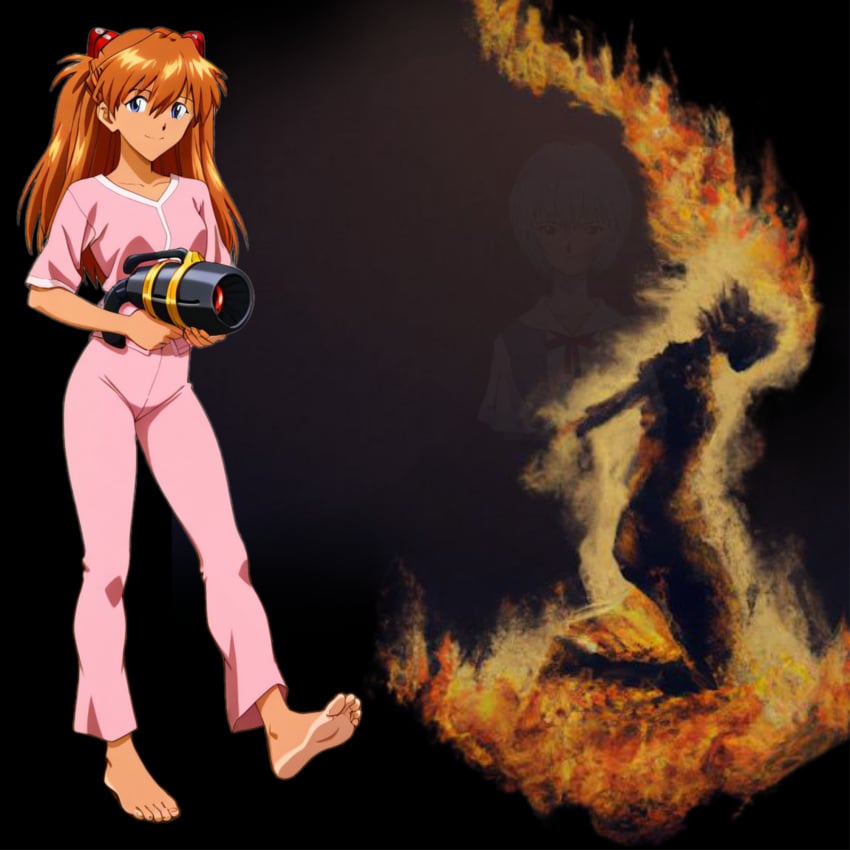 2girls asuka_langley_sohryu barefoot blue_eyes burning burning_alive burnt death excited feet female femdom flamethrower gore happy kneeling long_hair looking_at_viewer neon_genesis_evangelion orange_hair pink_pajamas rei_ayanami sadistic sadistic_girl sadistic_smile smile smiling_at_viewer soles toes