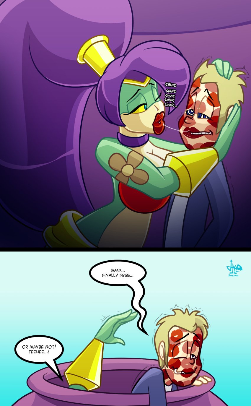 1boy 1girls 2d 2d_(artwork) anthro anthro_female anthro_on_human big_hips blonde_hair blue_pupils breast_squeeze breasts dialogue digital_drawing_(artwork) digital_media_(artwork) female fusion fusion_character genie genie_girl green_body green_skin hands_on_head hips human human_male jamearts kiss_mark kissing light-skinned_male light_skin looking_at_partner medium_breasts mwah ponytail pot purple_hair red_lips red_lipstick red_lipstick_mark saliva saliva_trail shantae shantae:_half-genie_hero shantae_(character) smooch snake snake_girl snake_tail trying_to_escape tuki_(shantae) wayforward wink winking yellow_eyes