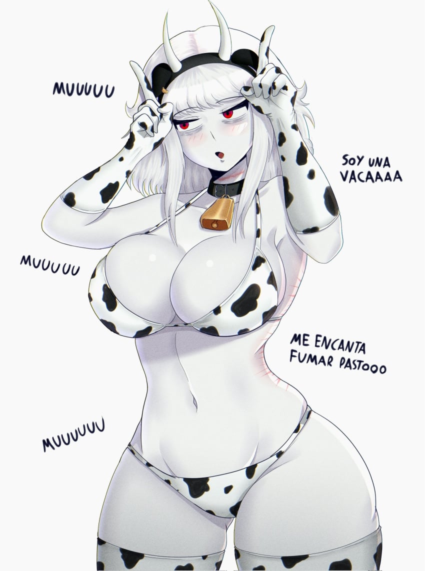 1female 1girls albina_(tidal) albino big_breasts bikini cow_bikini cow_ears female_only latina light-skinned_female red_eyes_female short_hair_female tidal_(artist)