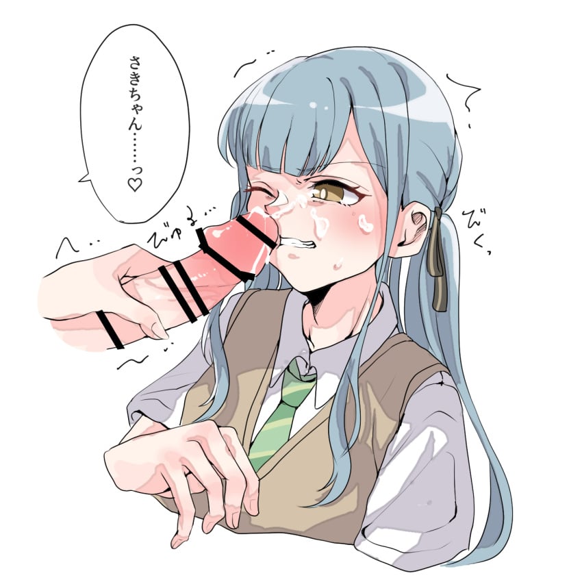 2girls bang_dream! bang_dream!_it's_mygo!!!!! blue_hair blush brown_eyes censored clenched_teeth cropped_torso cum cum_on_body facial futa_with_female futanari highres long_hair misumi_uika multiple_girls necktie penis penis_on_face rousei school_uniform simple_background solo_focus speech_bubble teeth togawa_sakiko translation_request twintails white_background