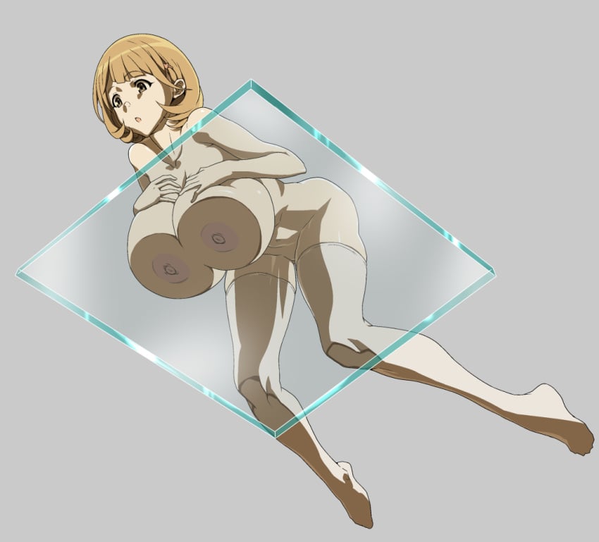 against_glass breast_press breasts brown_eyes brown_hair don_(rg06268) female glass grey_background huge_breasts narusawa_ryouka occultic;nine open_mouth short_hair simple_background thighhighs