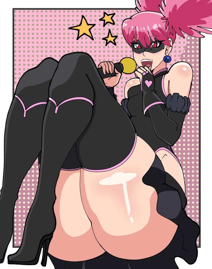 ass earrings haneyama_kazuho hero_outfit_(mha) heroine high_heels huge_ass mircophone my_hero_academia open_mouth pink_hair pop_step shingattai skirt stars thick_ass thick_thighs thighs twintails vigilante:_my_hero_academia_illegals