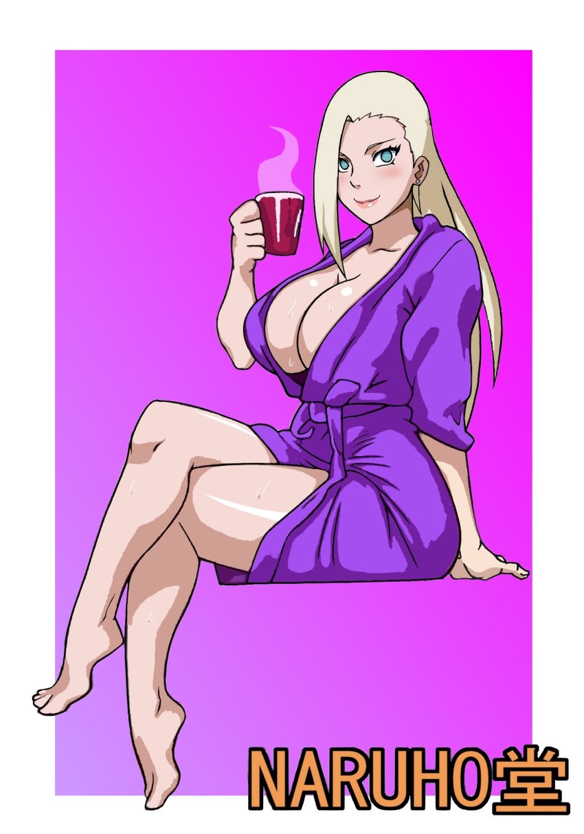 1girls bare_chest bare_legs bathrobe big_breasts breasts bursting_breasts busty cleavage cleavage_overflow clothing coffee coffee_mug crossed_legs drink earrings female full_body hair_down holding_object hourglass_figure huge_breasts ino_yamanaka lipstick long_hair looking_at_viewer makeup mug naruho naruto naruto:_the_last naruto_(series) naruto_shippuden no_bra pinup revealing_clothes sexually_suggestive sitting smile solo steam suggestive sweat top-down_bottom-up very_long_hair voluptuous watermark