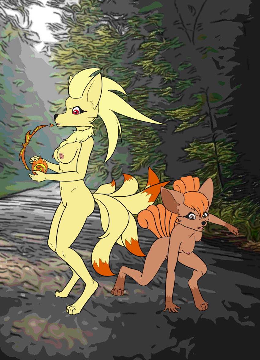 brown_body brown_fur duo female fighting_pose fire fireball forest fur generation_1_pokemon hair hi_res lonelywolfy ninetales nintendo nude orange_hair plant pokemon pokemon_(species) pose road tree vulpix yellow_body yellow_fur
