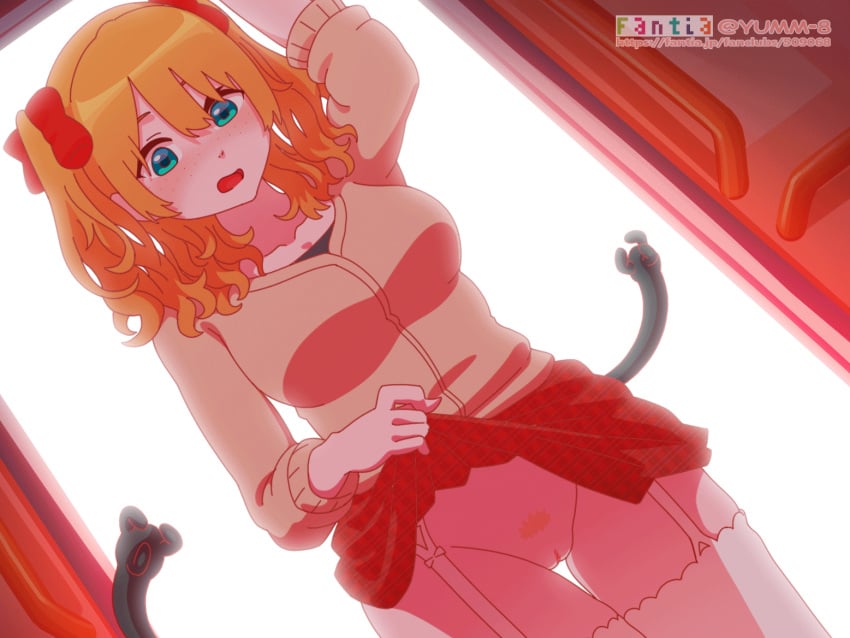 animated animated aqua_eyes ass breasts bus censored curly_hair female female fxx hair_ornament hairbow loop looping_animation miniskirt mosaic_censoring nia_(fxx) orange_hair original plaid_clothes plaid_skirt public public_indecency skirt skirt_lift tagme tentacle tentacle_grab train_interior watermark