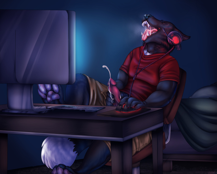 anthro bedroom canine computer desk glasswalker grey_background male mammal masturbation orgasm pawpads simple_background video_games wolf