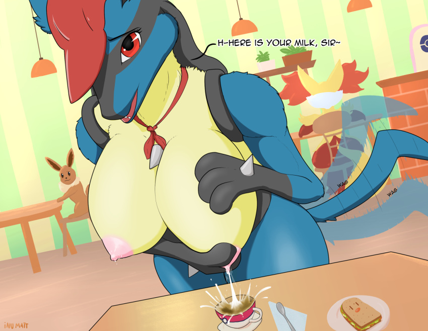 anthro big_breasts bodily_fluids breast_squish breasts clothing coffee_mug cutlery delphox detailed_background dialogue eevee female food furniture hat headgear headwear hi_res kitchen_utensils lactating lactating_in_coffee lactating_in_cup lactation looking_at_viewer lucario nintendo nipples pokemon pokemon_(species) pokemon_cafe_mix pokemon_dppt pokemon_rgby pokemon_xy raised_tail red_eyes sandwich_(food) solo spoon squish table tailwag tools unusualmatias video_games