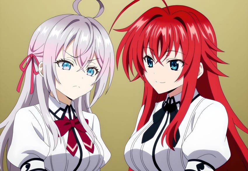 2girls ahoge ai_generated alisa_mikhailovna_kujou big_breasts blue_eyes crimson_hair_female crossed_bangs crossover crossover_ship crossover_shipping demon_girl female females_only hair_ribbon high_school_dxd huge_ahoge interspecies lesbians light-skinned_female long_hair_female looking_at_another loose_hair lovehuwu milky_white_skin red_ribbon rias_gremory russian_girl schoolgirl_uniform schoolgirls silver_hair_female sky_blue_eyes smile tokidoki_bosotto_russian_de_dereru_tonari_no_alya-san very_long_hair_female yuri