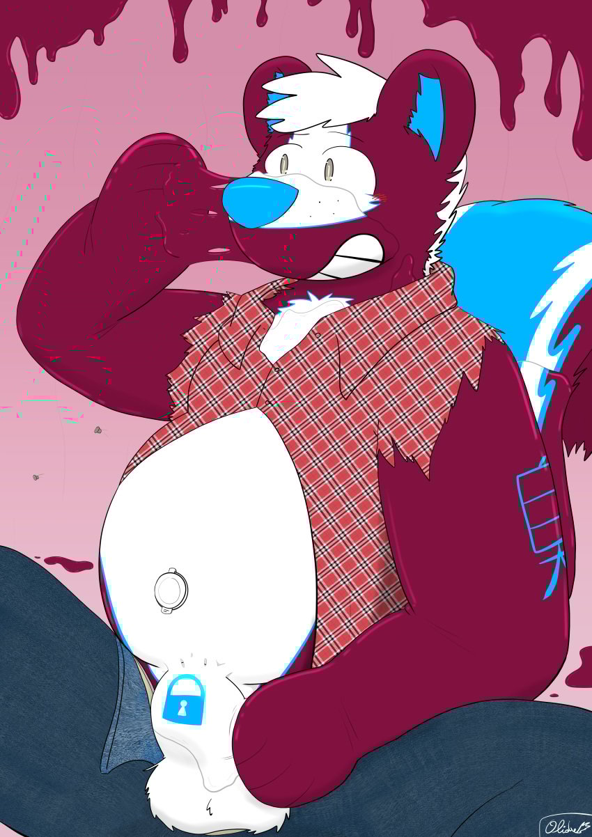 absurd_res anthro balls belly big_belly blush body_hair bottomwear bound bulge bulge_rubbing bursting_out bursting_out_of_clothing clothed clothing digital_media_(artwork) expansion fur genitals goo_(disambiguation) goo_transformation hair hi_res inflation latex latex_clothing latex_skinsuit lock_bulge lock_symbol male mammal mephitid null_bulge olidre olidre_(olidre) pants pool_toy simple_background skinsuit skunk smile solo tail tight_clothing torn_clothing transformation underwear white_body white_fur