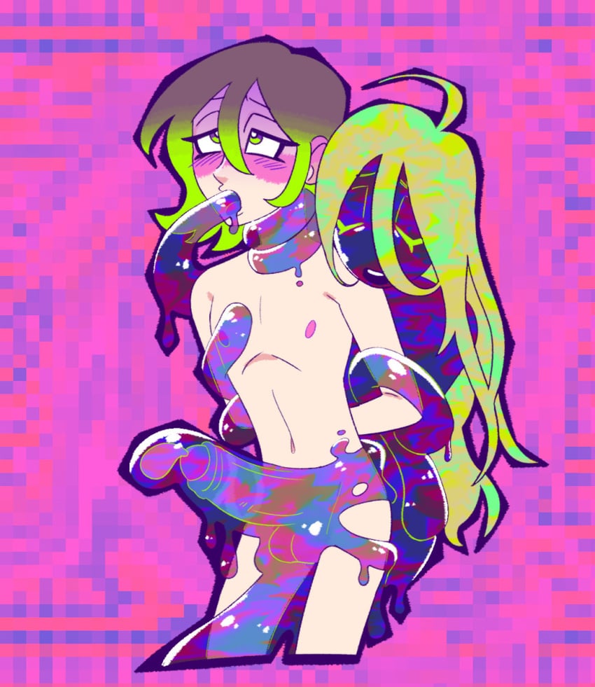 2boys ahoge anal anal_sex arms_behind_back balls blush caleb_(cherishedlemon) cherishedlemon femboy gay girly green_eyes green_hair implied_anal implied_sex long_hair naked naked_male nipples nude nude_male ombre_hair original penis slick_(cherishedlemon) slime_boy slime_tentacle tentacles_around_throat testicles twink yaoi