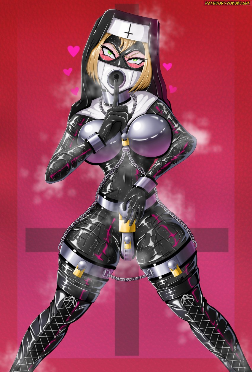 1girls blonde_hair chains chastity_belt chastity_bra chastity_device collar female female_chastity female_only femsub fully_clothed gloves green_eyes latex latex_clothing latex_gloves lock metal_collar nun nun_outfit padlock png shiny_clothes thigh_cuffs tight_clothing yokuboart