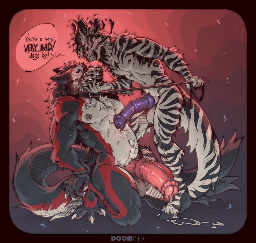 animal_genitalia animal_penis anthro balls big_balls big_penis bodily_fluids bondage bondage bound collar cum cum_drip cum_on_ground dominant doomchik dragon dripping duo equid equine equine_genitalia equine_penis fur furred_dragon furred_scalie genital_fluids genitals hands_tied hands_tied_behind_back hi_res leash leash_pull leashed_collar male male/male mammal muzzle_(object) muzzled mythological_creature mythological_scalie mythology nitro_(nitrozerg) penis scalie sergal tommy_(lanceazura) zebra