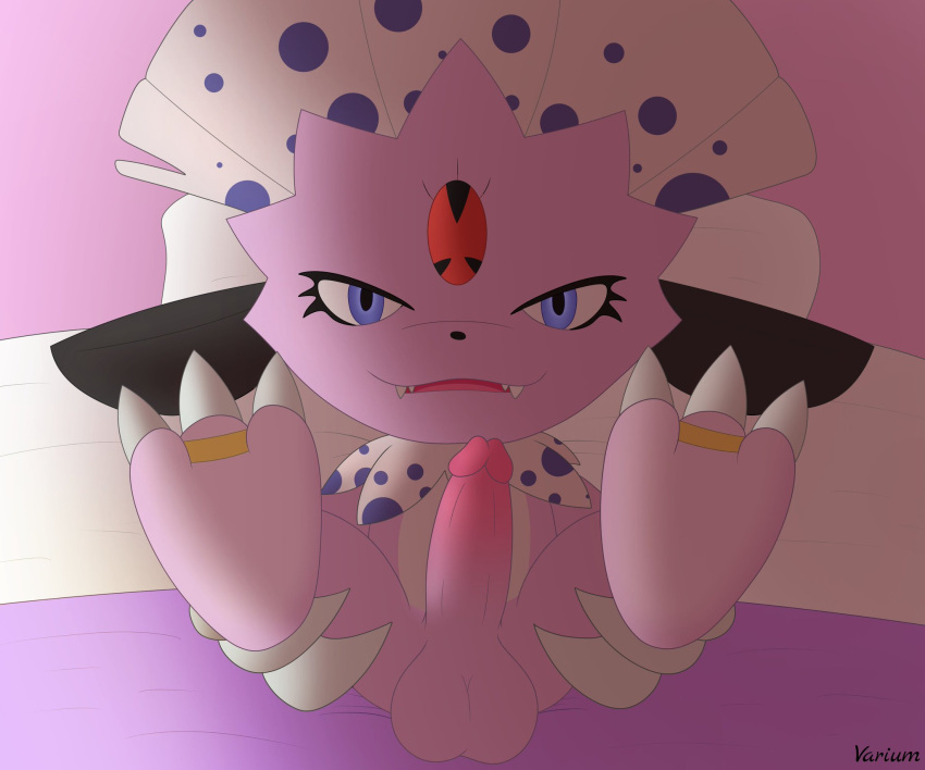 3_toes ambiguous_gender anthro balls bed bedroom claws feathers feet feetbarefoot foot_fetish full-length_portrait furniture generation_4_pokemon genitals hi_res kerolink male nintendo paws penis pillow pokemon pokemon_(species) pokemon_oc portrait presenting purple_eyes smile smirk soles solo toes varium weavile