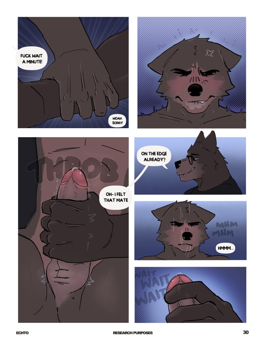 absurd_res age_difference andy_(echto) anthro anthro_on_anthro balls bite biting_lip blush bodily_fluids brown_balls brown_body brown_fur brown_penis canid canine charlie_(echto) comic dialogue duo echto english_text erection father_(lore) father_and_child_(lore) father_and_son_(lore) foreskin fur genital_fluids genitals glans handjob hi_res humanoid_genitalia humanoid_penis incest_(lore) male male/male mammal nude older_male parent_(lore) parent_and_child_(lore) parent_and_son_(lore) penile penis precum sex son_(lore) text
