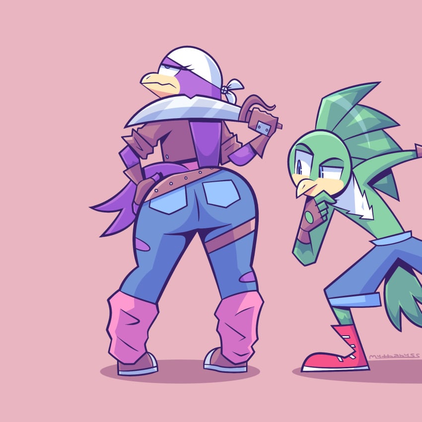 1:1 1boy 1girls 2021 accipitrid accipitriform activision annoyed anthro ass avian bandana bird bottomwear cc-by-nc clothed clothing cosplay crash_(series) crash_bandicoot creative_commons crossover crossover_cosplay denim denim_bottomwear denim_clothing duo feathers female furry green_body green_feathers hi_res hirundinid jeans jet_the_hawk kerchief male melee_weapon mythabyss oscine pants passerine pirate_tawna purple_body purple_feathers rear_view sega sonic_(series) sonic_riders sonic_the_hedgehog_(series) swallow_(bird) sword topless wave_the_swallow weapon