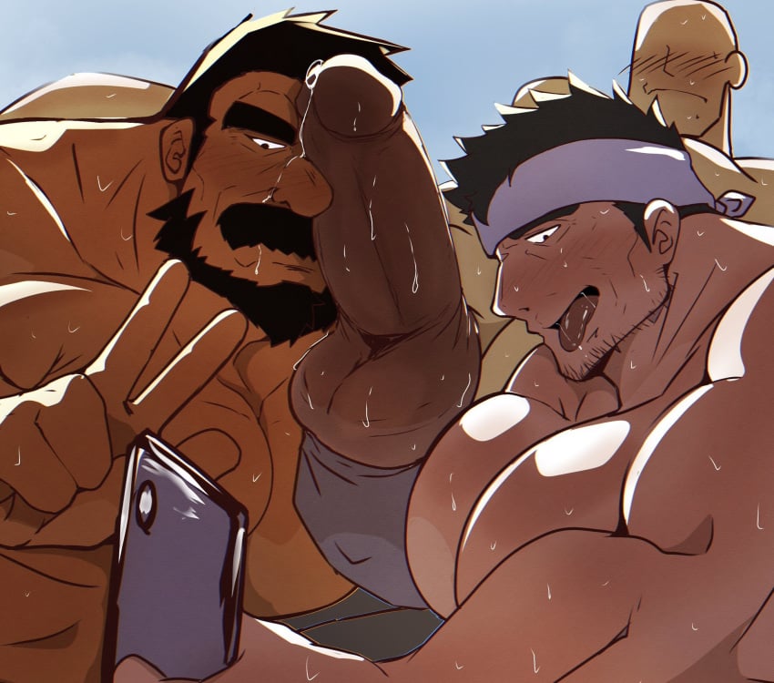 balls bara beard blush boner erection facial_hair gay kaeru333938123 male male_only muscles muscular nude peace_sign pecs penis phone sweat sweating tongue_out